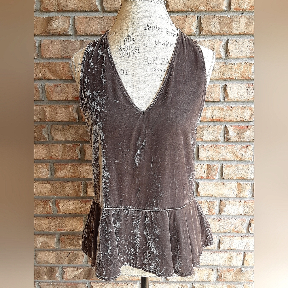 Maven West Sleeveless Peplum Silk Velvet V-neck Tank Top.